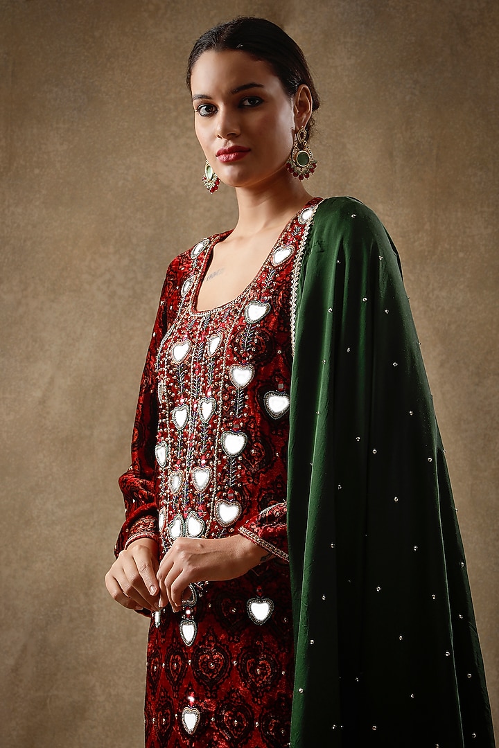 Ruby Red Velvet Resham Embroidered & Printed Kurta Set by Sheeshakari at Pernia's Pop Up Shop
