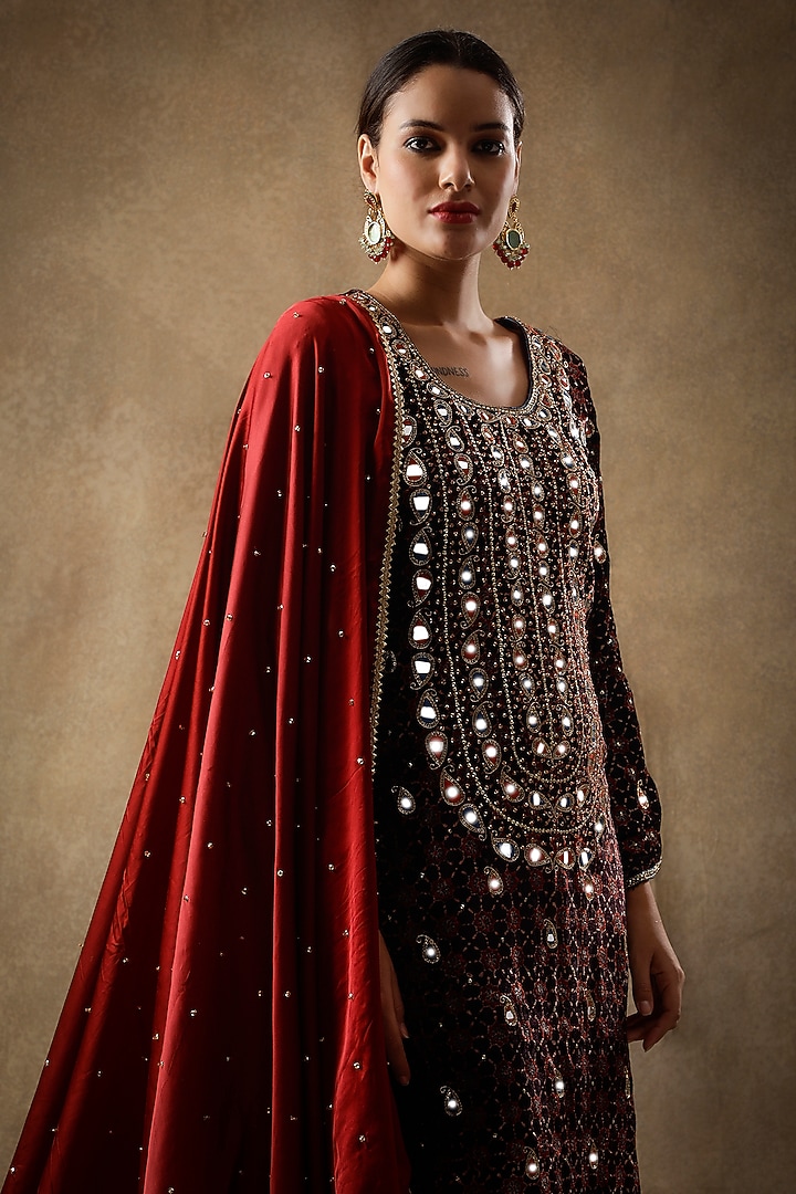 Black Velvet Resham Embroidered & Block Printed Kurta Set by Sheeshakari at Pernia's Pop Up Shop