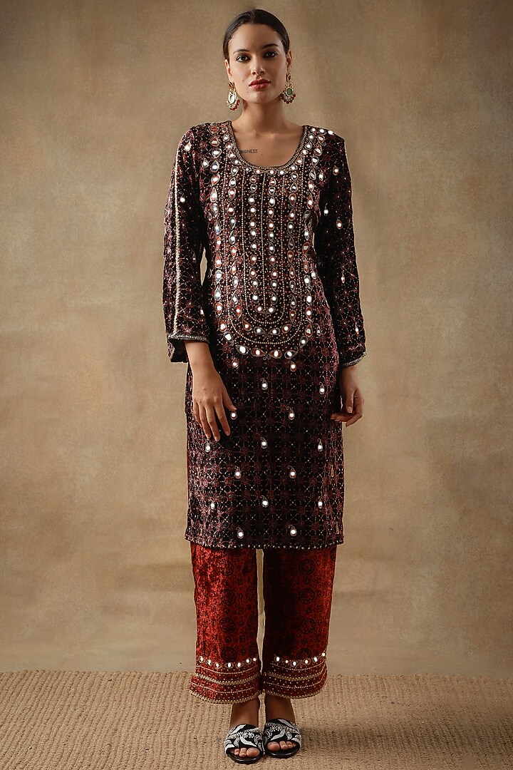 Black Velvet Resham Embroidered & Block Printed Kurta Set by Sheeshakari at Pernia's Pop Up Shop