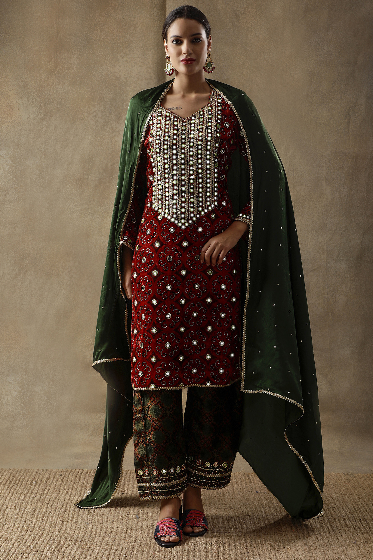 Red Velvet Resham Embroidered & Printed Kurta Set by Sheeshakari at Pernia's Pop Up Shop
