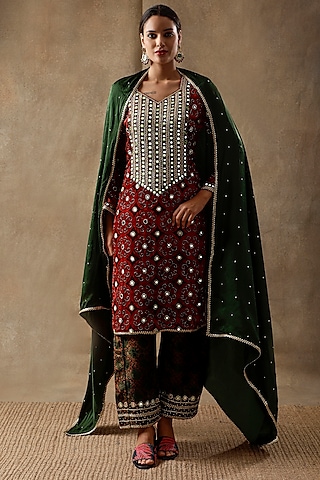 Red Velvet Resham Embroidered & Printed Kurta Set by Sheeshakari