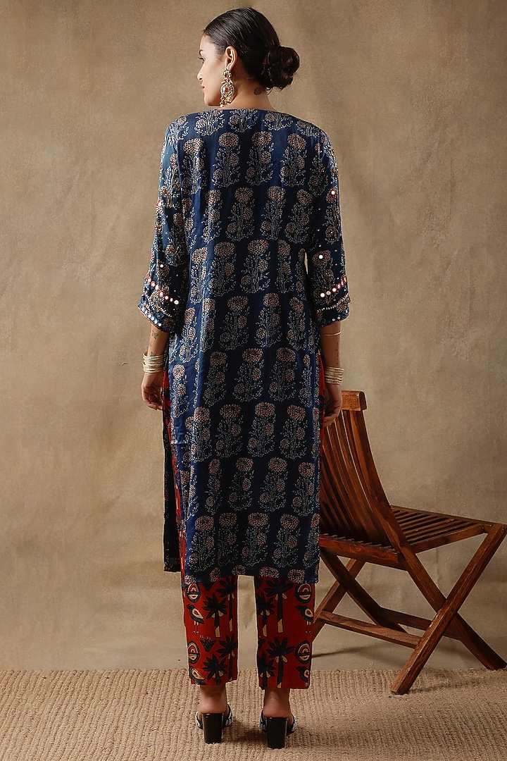 Blue Silk Mirror Hand Embroidered & Printed Kurta Set by Sheeshakari at Pernia's Pop Up Shop