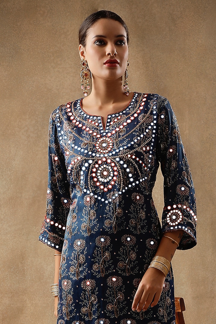 Blue Silk Mirror Hand Embroidered & Printed Kurta Set by Sheeshakari at Pernia's Pop Up Shop