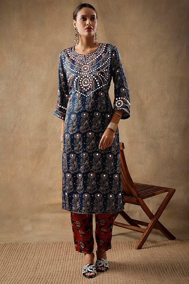 Blue Silk Mirror Hand Embroidered & Printed Kurta Set by Sheeshakari at Pernia's Pop Up Shop