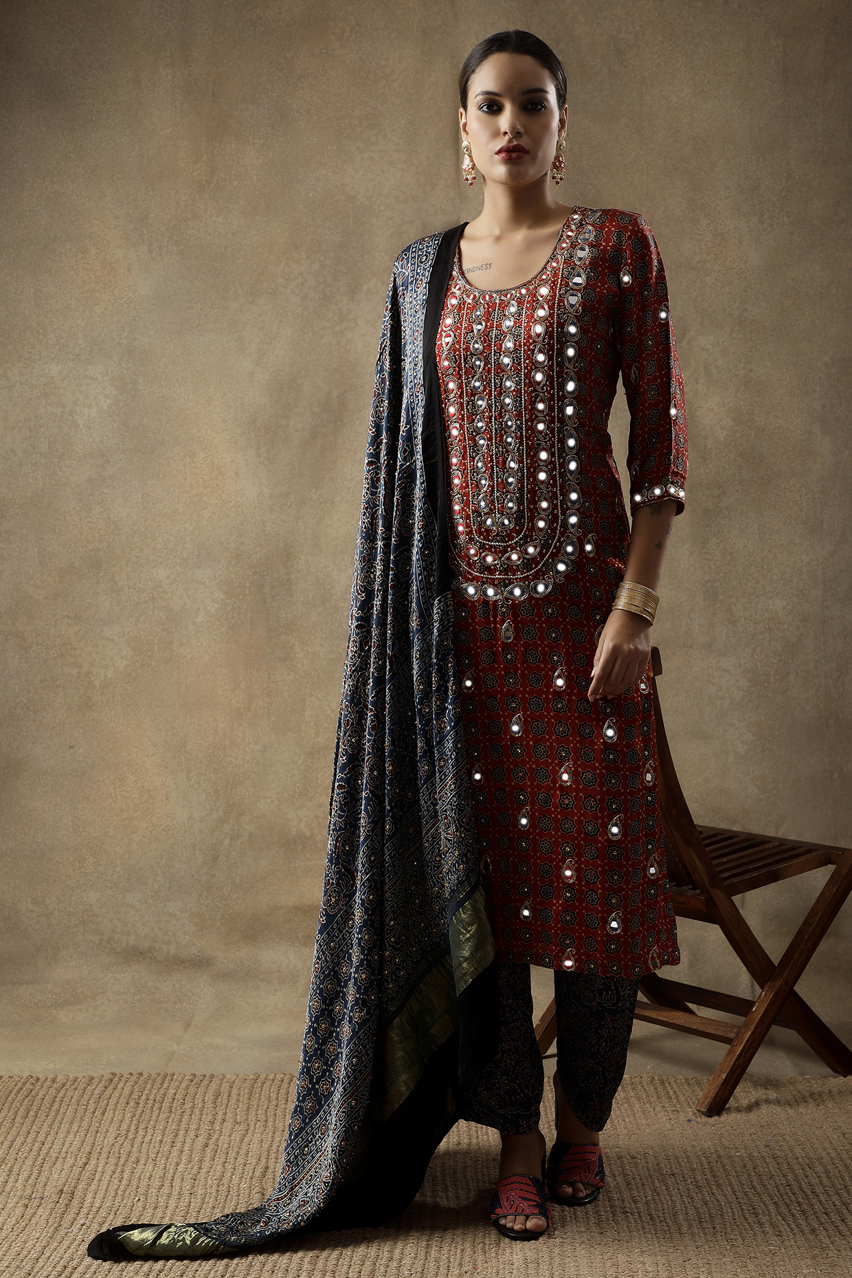Rustic Red Silk Mirror Hand Embroidered & Printed Kurta Set by Sheeshakari at Pernia's Pop Up Shop