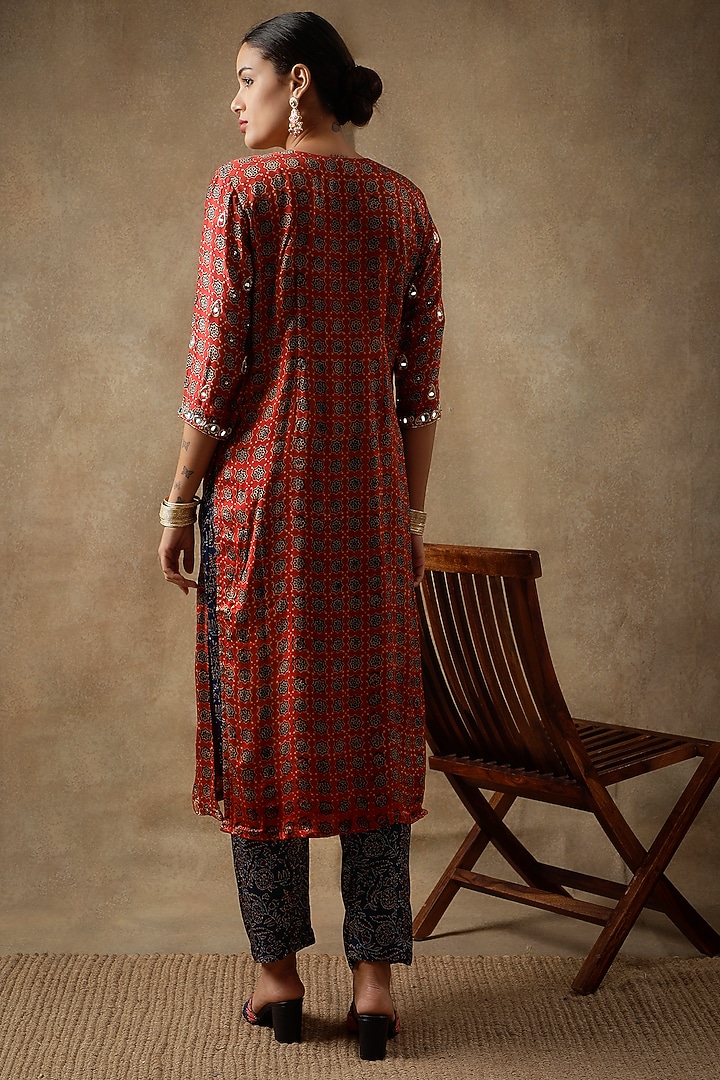 Rustic Red Silk Mirror Hand Embroidered & Printed Kurta Set by Sheeshakari at Pernia's Pop Up Shop