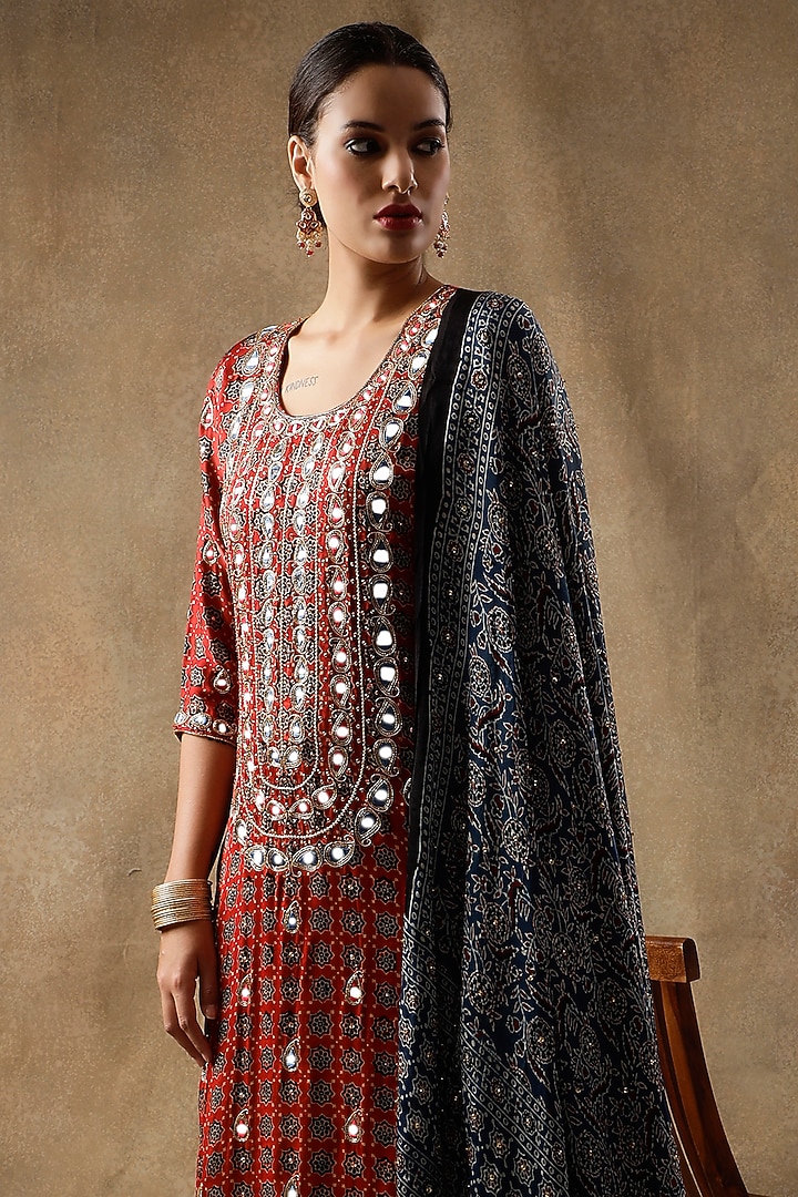 Rustic Red Silk Mirror Hand Embroidered & Printed Kurta Set by Sheeshakari at Pernia's Pop Up Shop