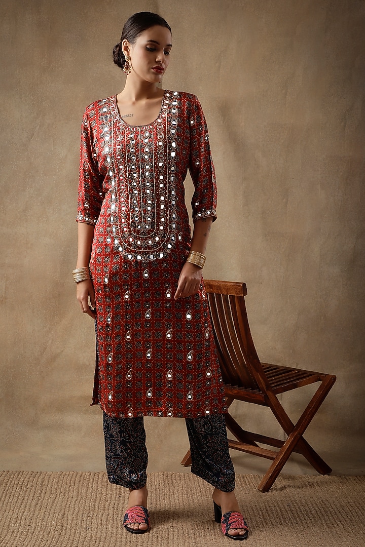Rustic Red Silk Mirror Hand Embroidered & Printed Kurta Set by Sheeshakari at Pernia's Pop Up Shop