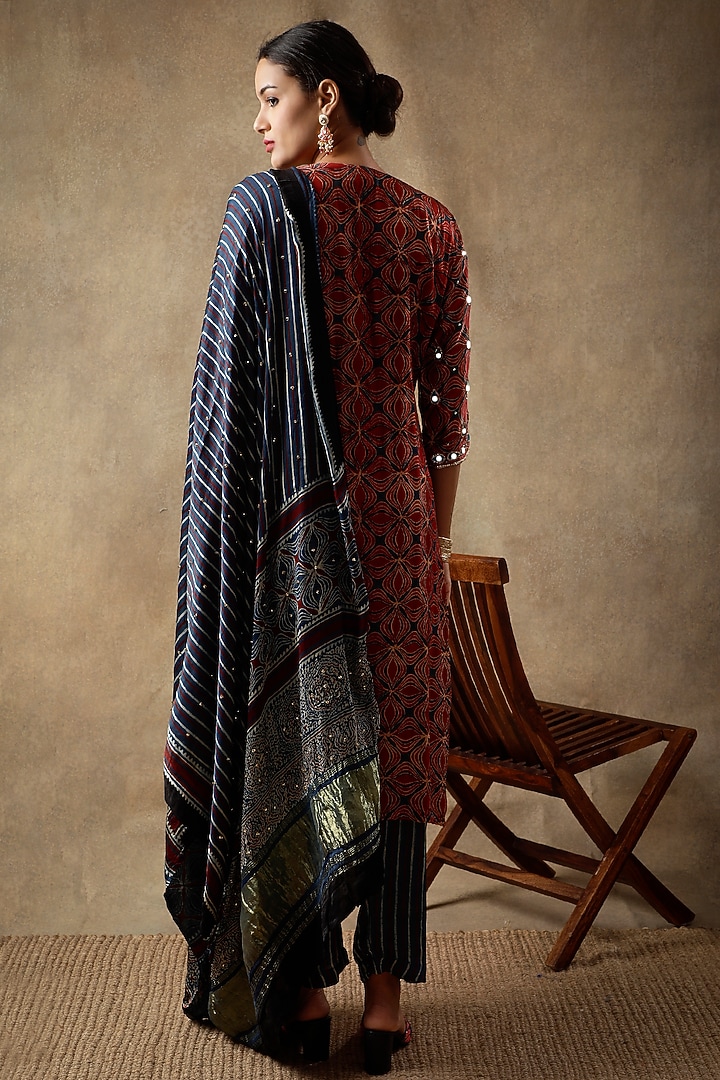 Tamarind Red Silk Mirror Hand Embroidered & Printed Kurta Set by Sheeshakari at Pernia's Pop Up Shop