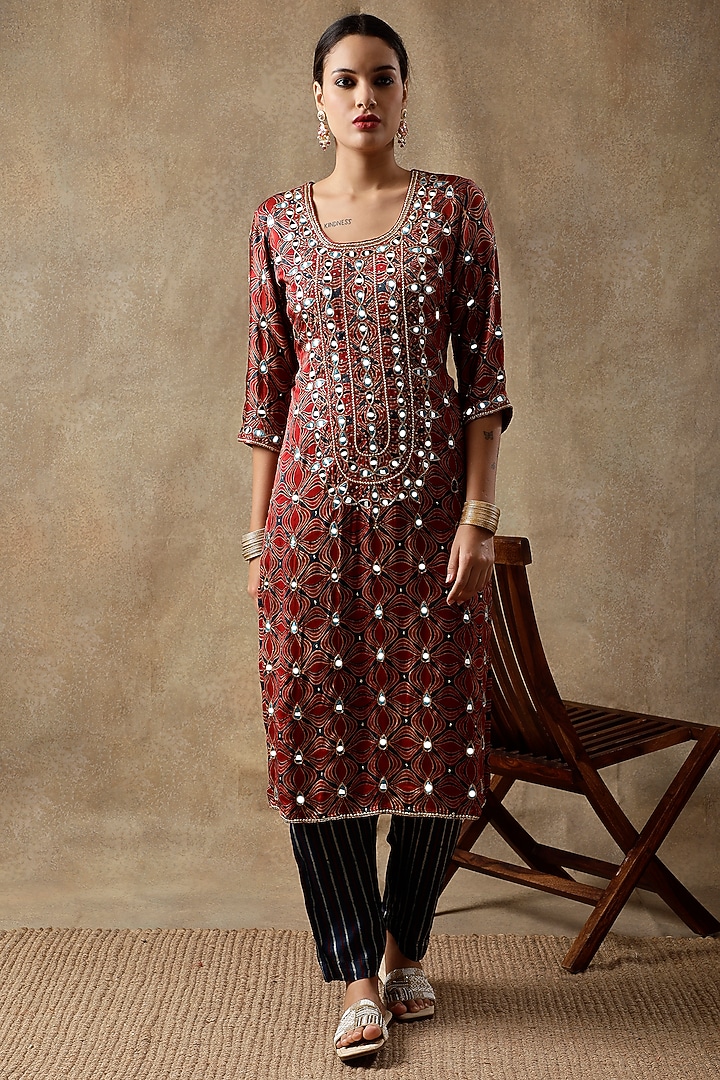 Tamarind Red Silk Mirror Hand Embroidered & Printed Kurta Set by Sheeshakari at Pernia's Pop Up Shop