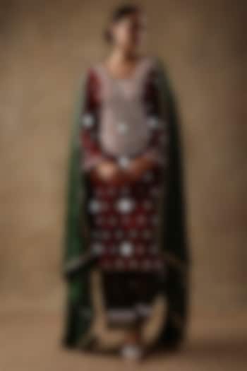 Ruby Red Velvet Resham Embroidered & Printed Kurta Set by Sheeshakari at Pernia's Pop Up Shop