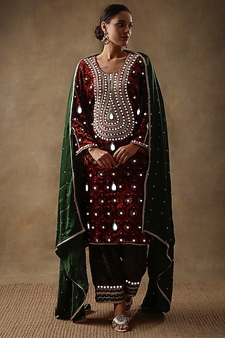 Ruby Red Velvet Resham Embroidered & Printed Kurta Set by Sheeshakari