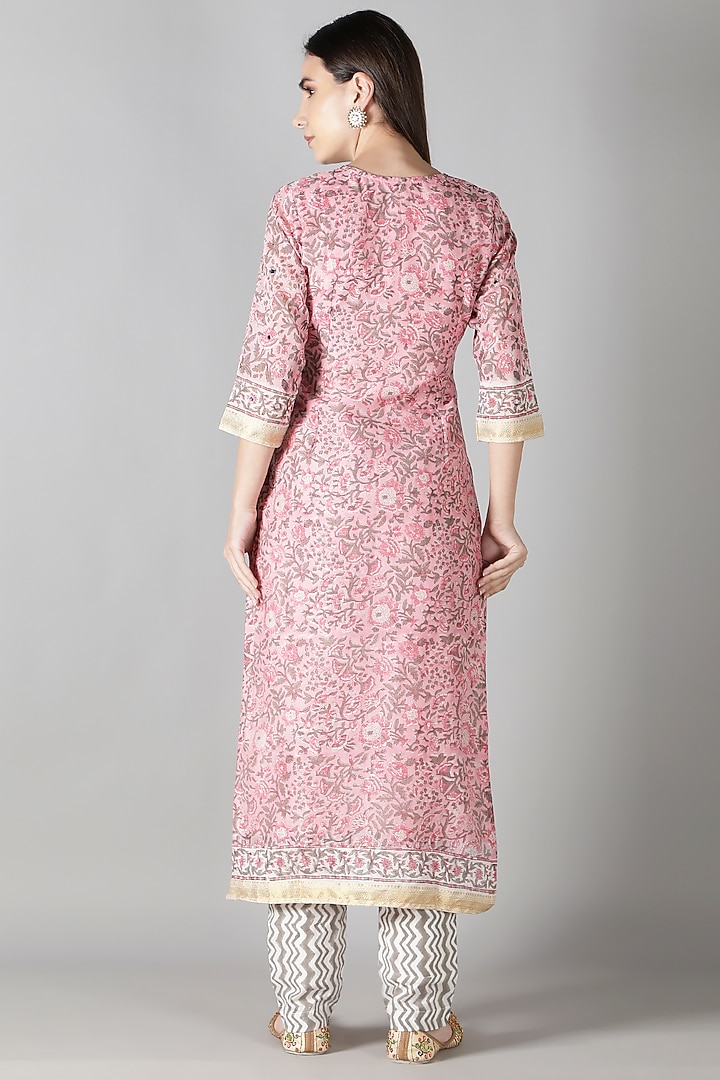 Pink Silk & Cotton Printed Kurta Set by Sheeshakari at Pernia's Pop Up Shop