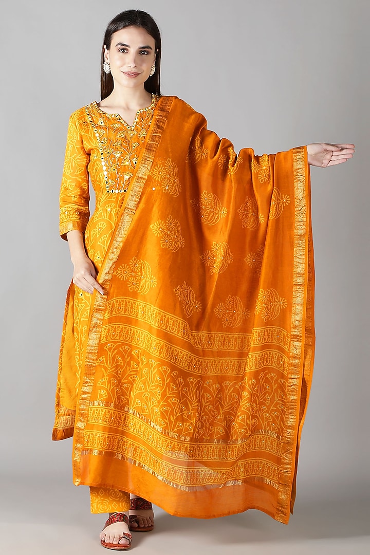 Marigold Yellow Silk & Cotton Printed Kurta Set by Sheeshakari at Pernia's Pop Up Shop