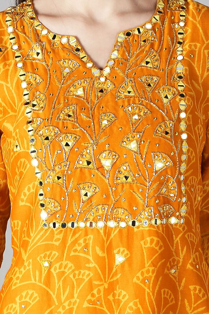Marigold Yellow Silk & Cotton Printed Kurta Set by Sheeshakari at Pernia's Pop Up Shop