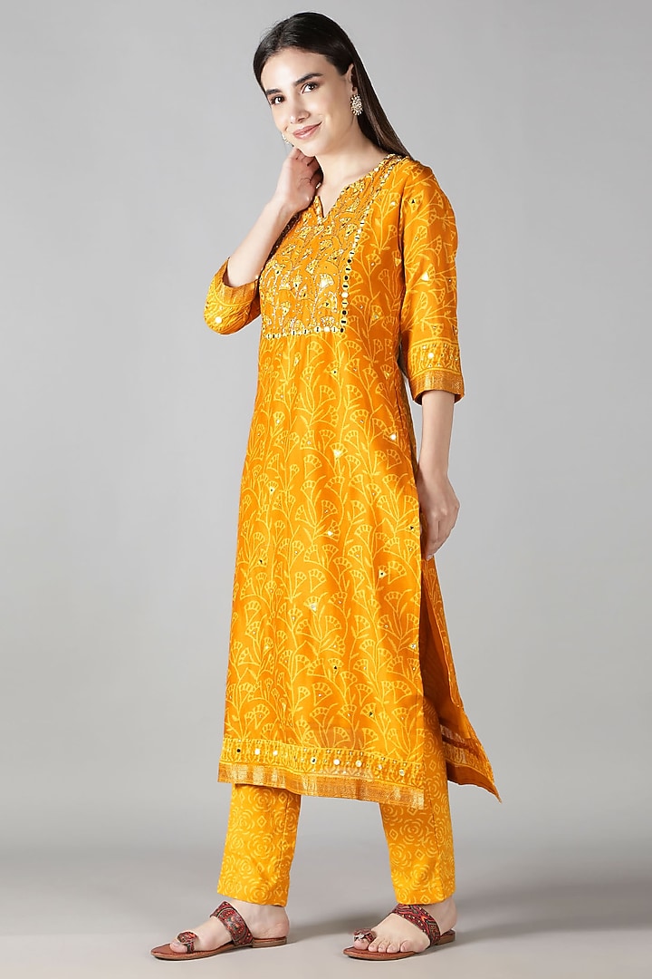 Marigold Yellow Silk & Cotton Printed Kurta Set by Sheeshakari at Pernia's Pop Up Shop