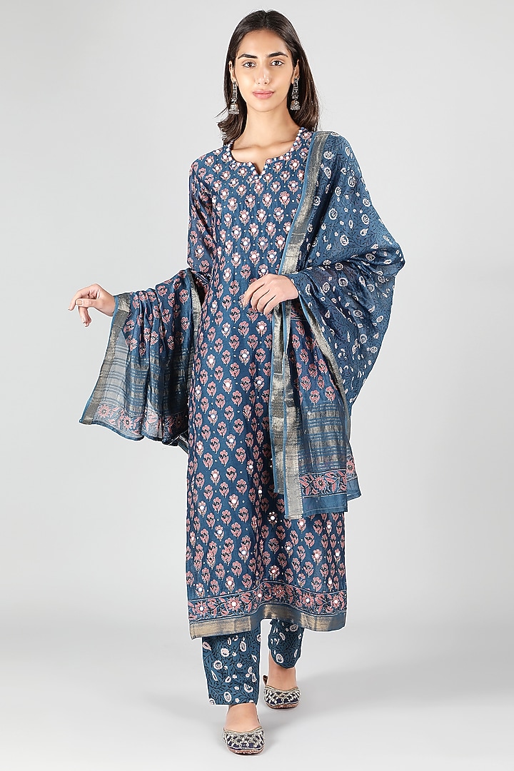 Blue Silk & Cotton Poppy Printed Kurta Set by Sheeshakari at Pernia's Pop Up Shop