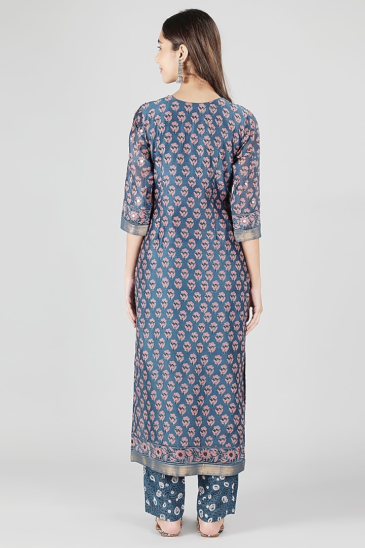 Blue Silk & Cotton Poppy Printed Kurta Set by Sheeshakari at Pernia's Pop Up Shop