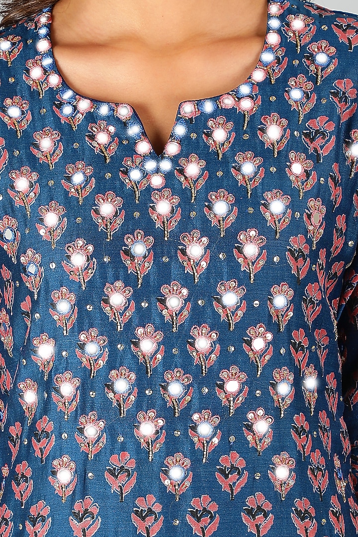 Blue Silk & Cotton Poppy Printed Kurta Set by Sheeshakari at Pernia's Pop Up Shop
