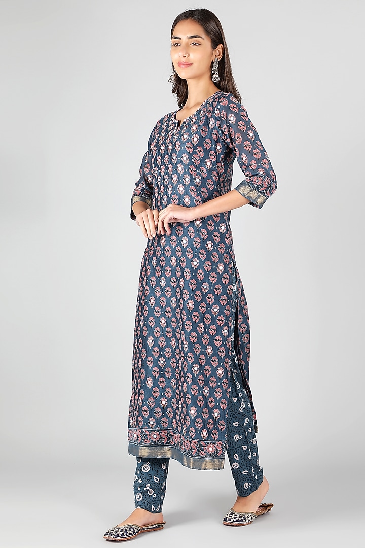 Blue Silk & Cotton Poppy Printed Kurta Set by Sheeshakari at Pernia's Pop Up Shop