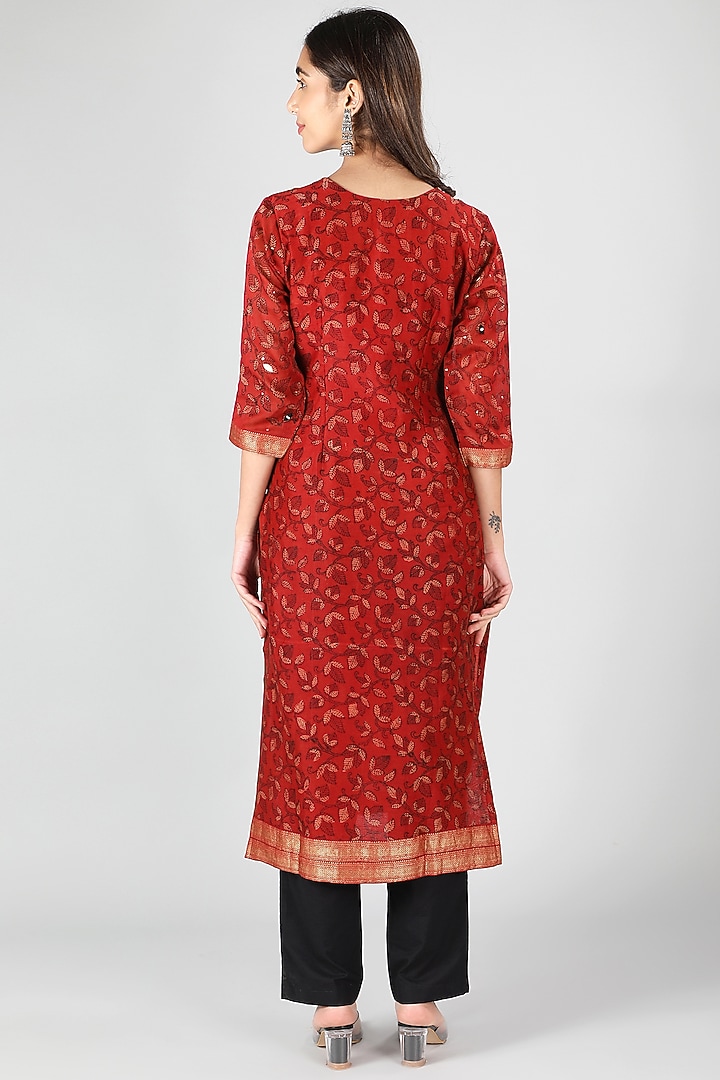 Red Silk & Cotton Foliage Printed Kurta Set by Sheeshakari at Pernia's Pop Up Shop