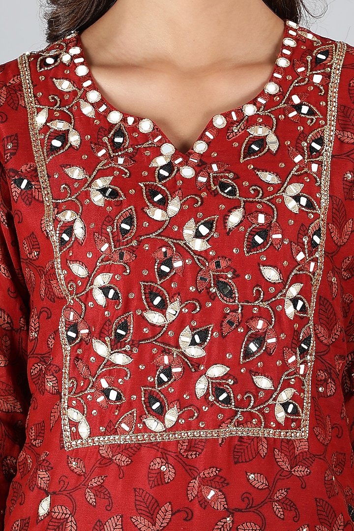 Red Silk & Cotton Foliage Printed Kurta Set by Sheeshakari at Pernia's Pop Up Shop