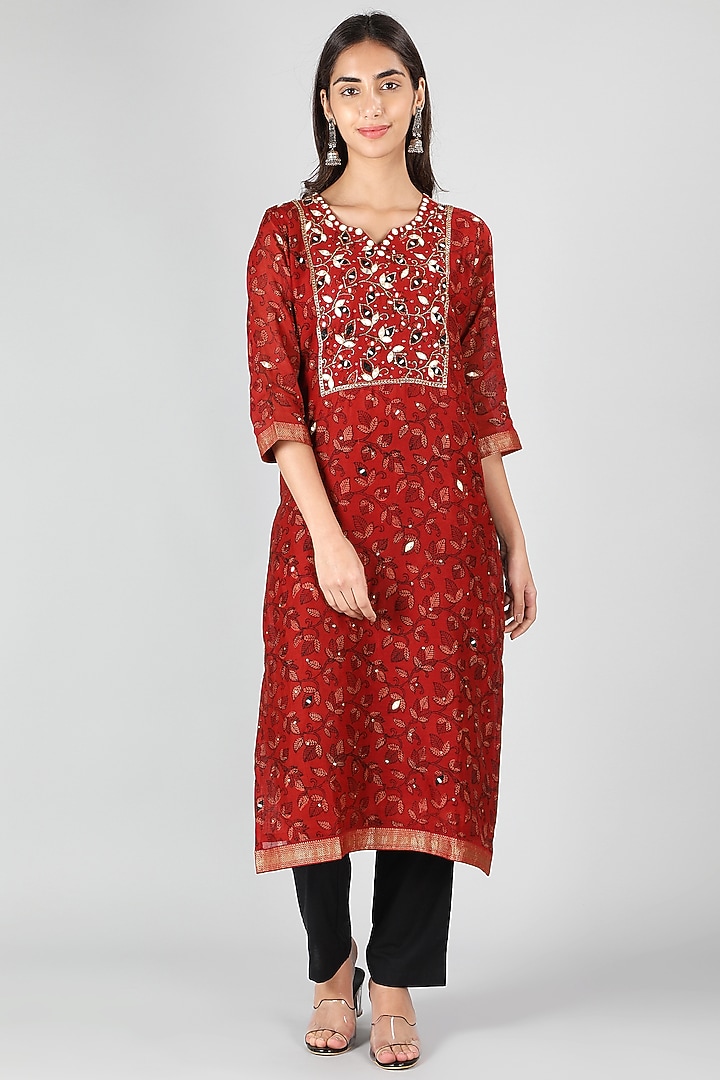 Red Silk & Cotton Foliage Printed Kurta Set by Sheeshakari at Pernia's Pop Up Shop