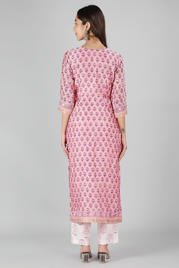 Pink Silk & Cotton Floral Printed Kurta Set by Sheeshakari at Pernia's Pop Up Shop