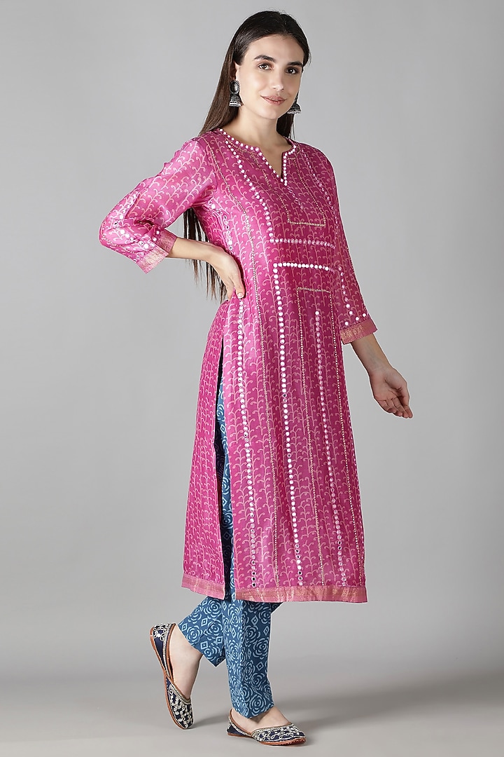 Carnation Pink Silk & Cotton Printed Kurta Set by Sheeshakari at Pernia's Pop Up Shop