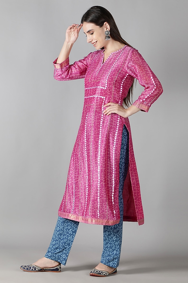 Carnation Pink Silk & Cotton Printed Kurta Set by Sheeshakari at Pernia's Pop Up Shop