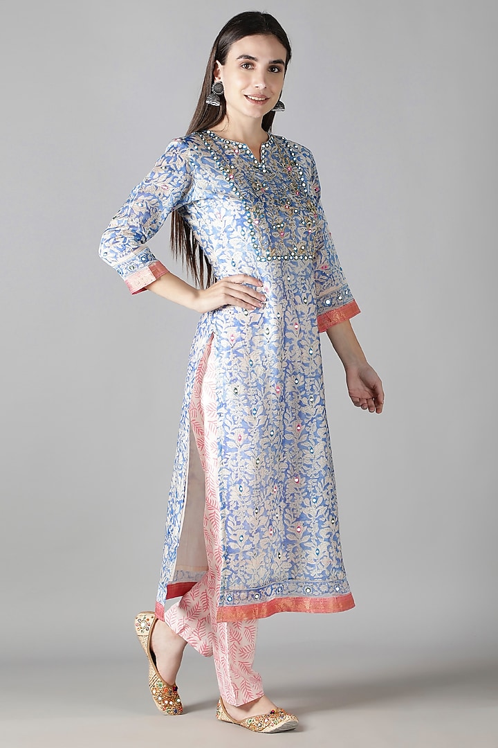 Blue Silk & Cotton Floral Printed Kurta Set by Sheeshakari at Pernia's Pop Up Shop