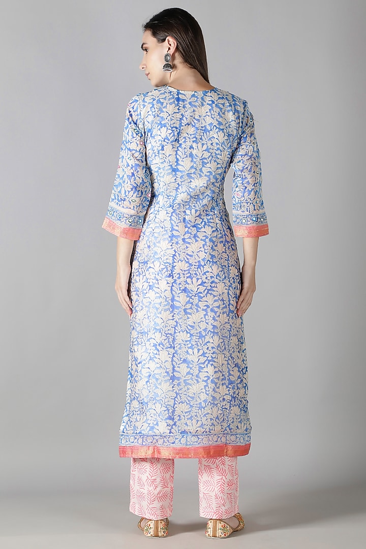 Blue Silk & Cotton Floral Printed Kurta Set by Sheeshakari at Pernia's Pop Up Shop