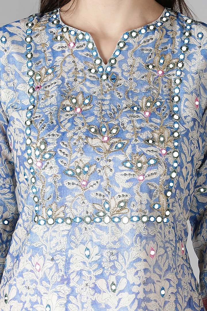 Blue Silk & Cotton Floral Printed Kurta Set by Sheeshakari at Pernia's Pop Up Shop