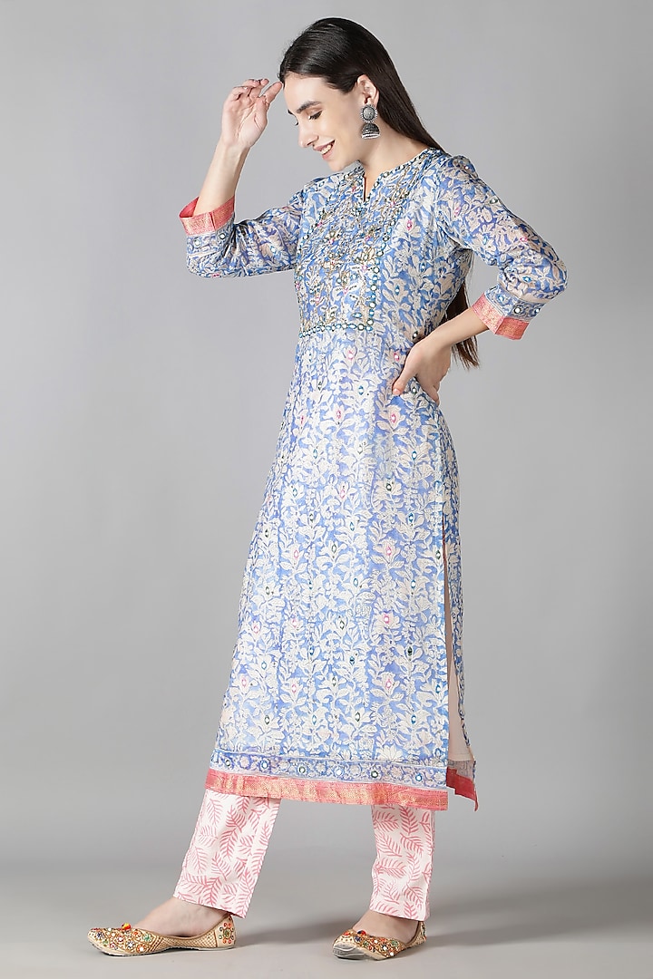Blue Silk & Cotton Floral Printed Kurta Set by Sheeshakari at Pernia's Pop Up Shop