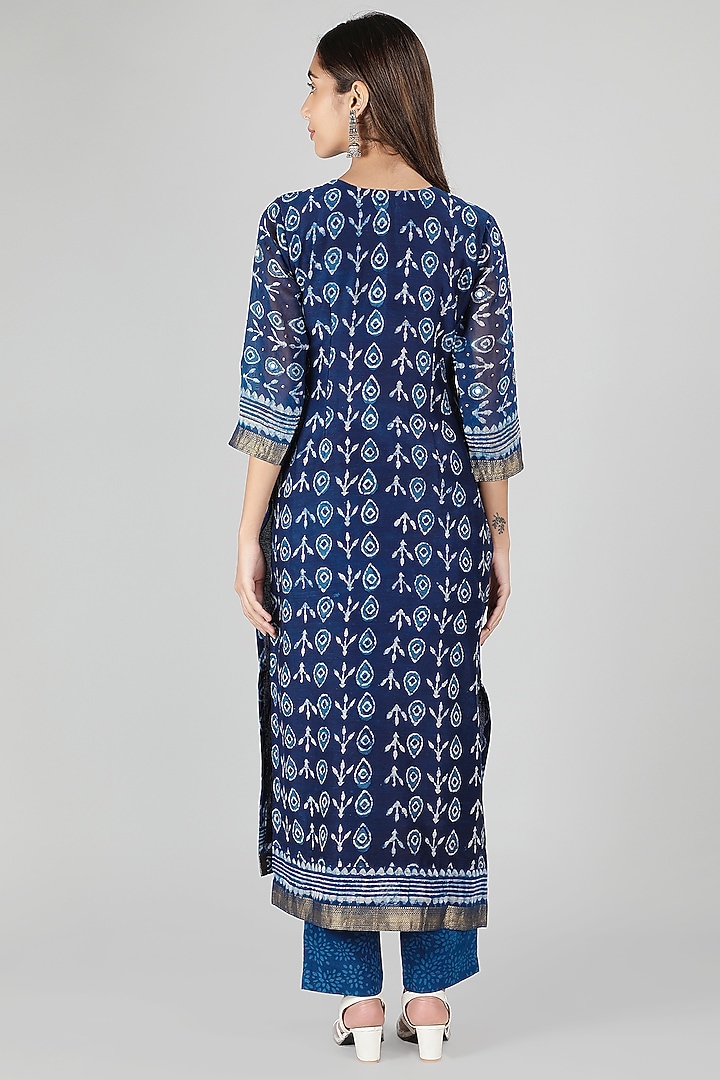 Indigo Blue Silk & Cotton Printed Kurta Set by Sheeshakari at Pernia's Pop Up Shop