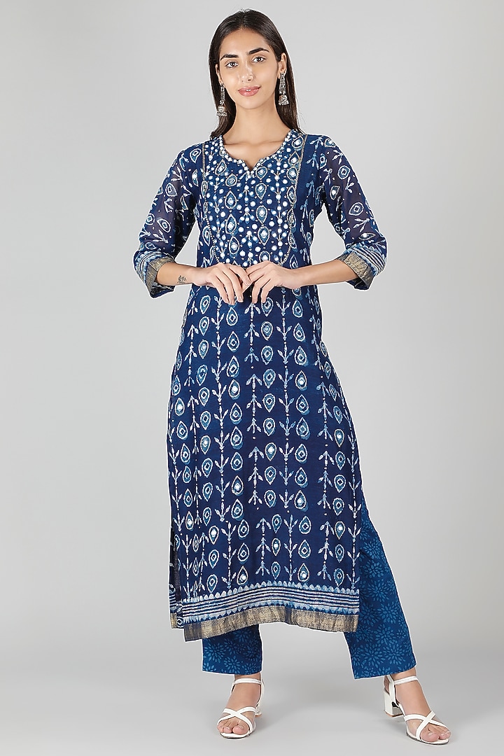Indigo Blue Silk & Cotton Printed Kurta Set by Sheeshakari at Pernia's Pop Up Shop