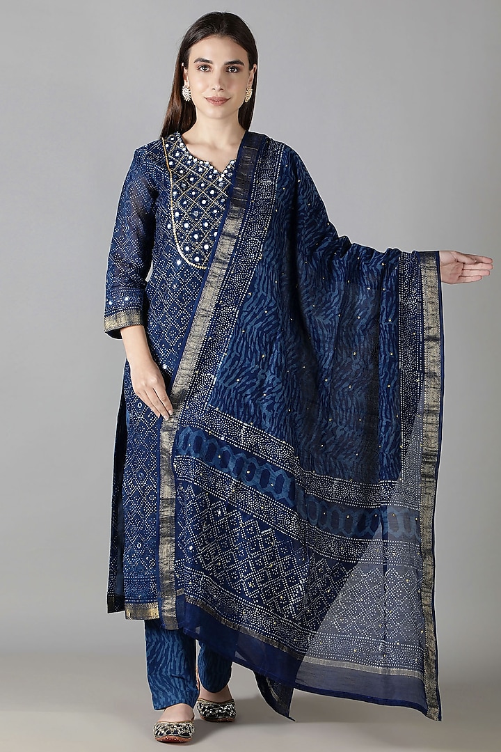 Midnight Blue Silk & Cotton Printed Kurta Set by Sheeshakari at Pernia's Pop Up Shop