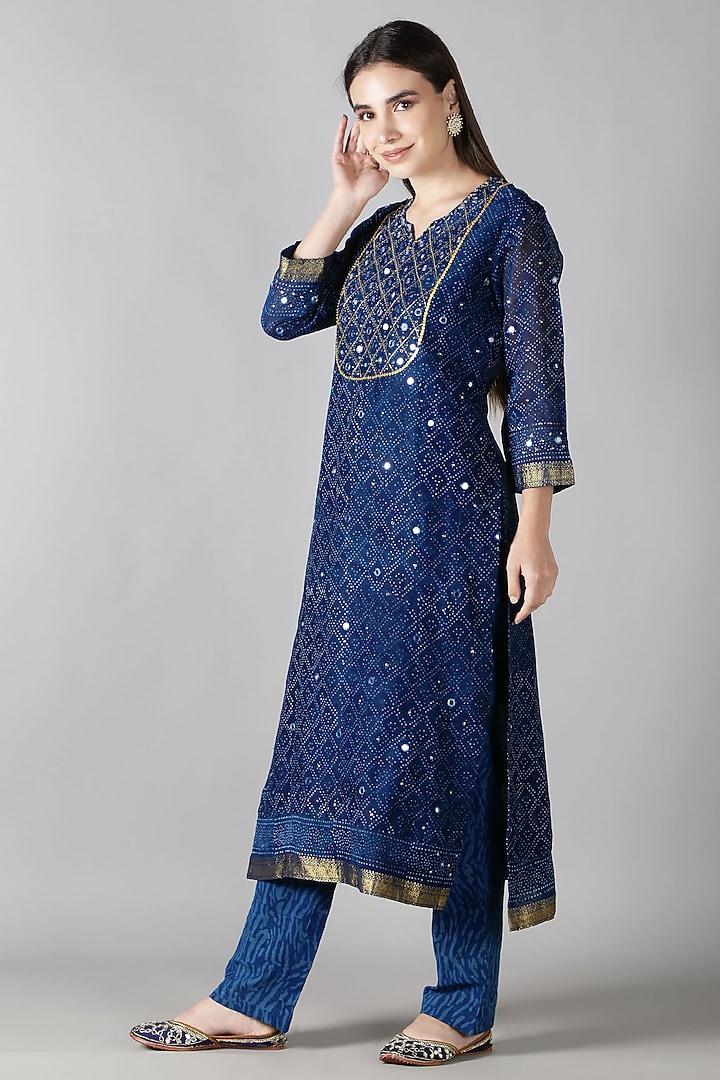 Midnight Blue Silk & Cotton Printed Kurta Set by Sheeshakari at Pernia's Pop Up Shop