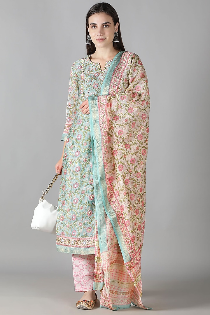 Mint Green Silk & Cotton Printed Kurta Set by Sheeshakari at Pernia's Pop Up Shop