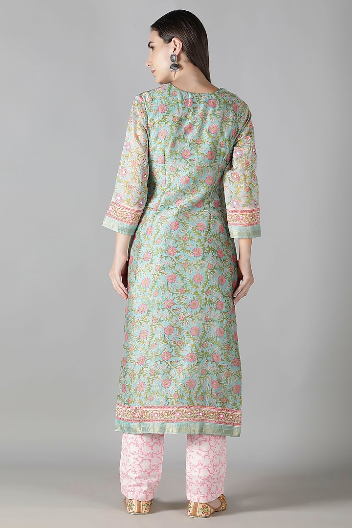 Mint Green Silk & Cotton Printed Kurta Set by Sheeshakari at Pernia's Pop Up Shop