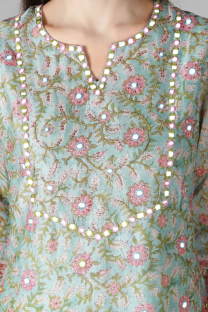 Mint Green Silk & Cotton Printed Kurta Set by Sheeshakari at Pernia's Pop Up Shop