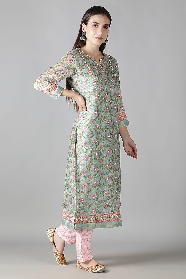 Mint Green Silk & Cotton Printed Kurta Set by Sheeshakari at Pernia's Pop Up Shop