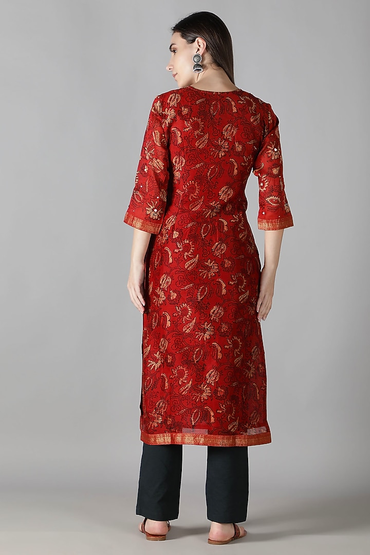Red Silk & Cotton Printed Kurta Set by Sheeshakari at Pernia's Pop Up Shop