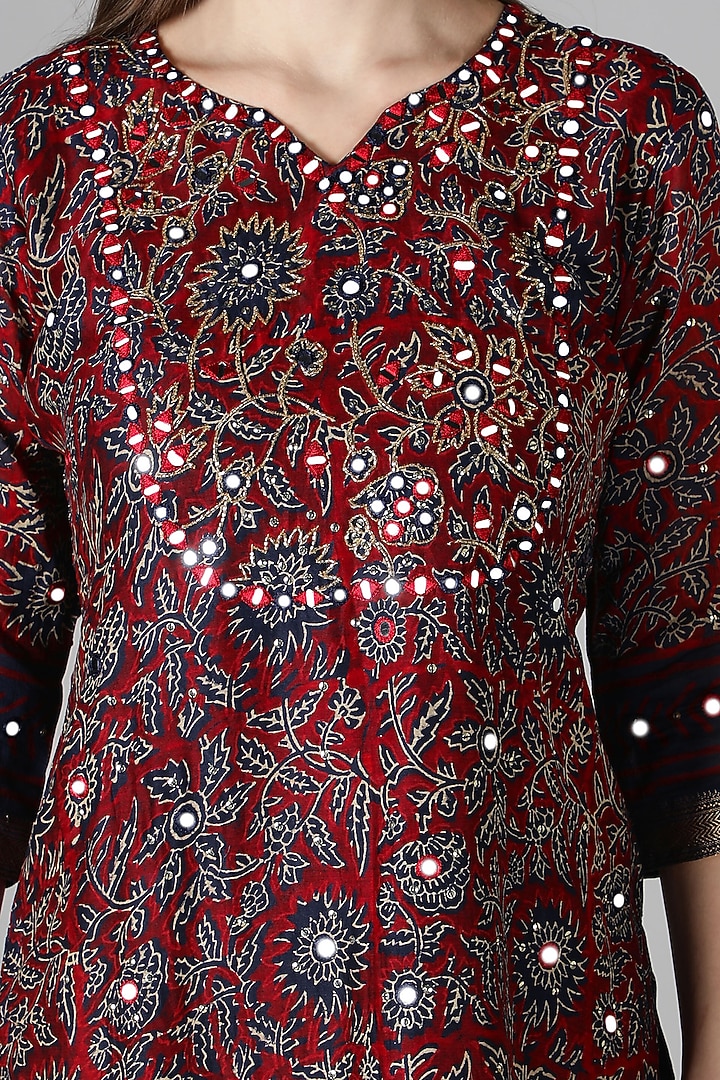 Deep Burgundy Silk & Cotton Printed Kurta Set by Sheeshakari at Pernia's Pop Up Shop