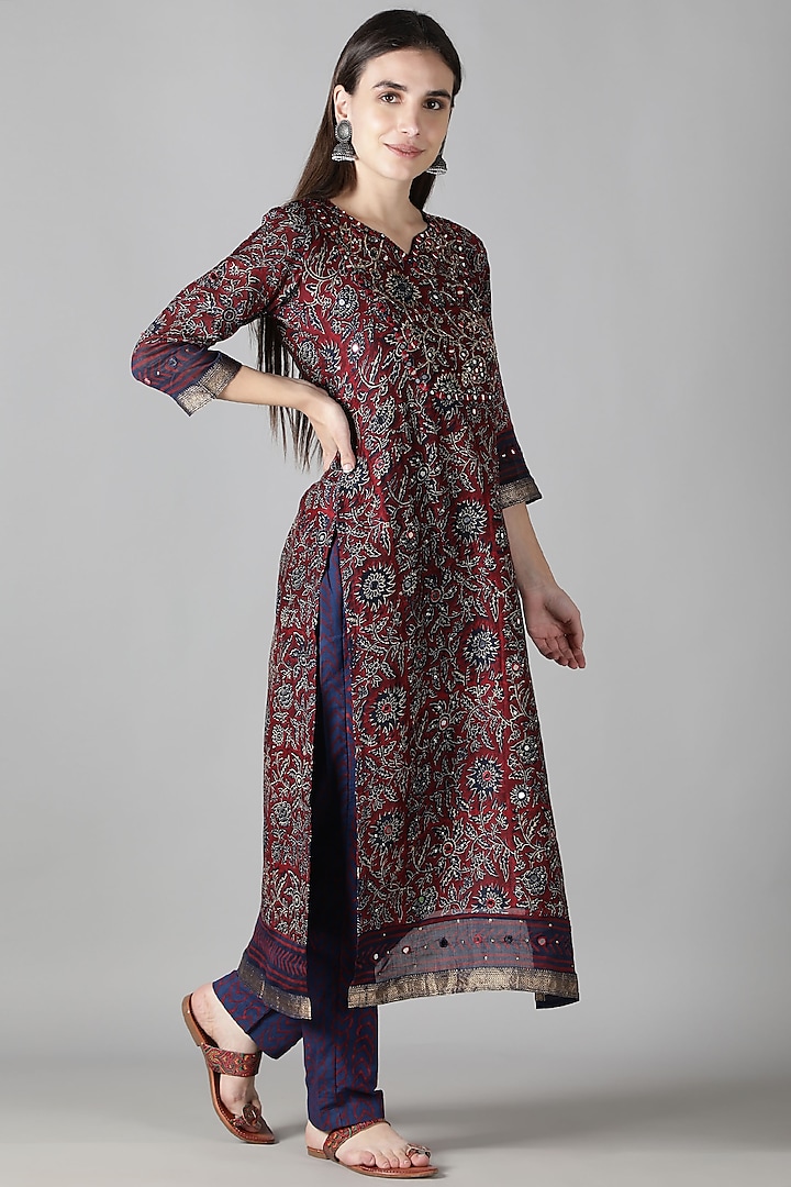 Deep Burgundy Silk & Cotton Printed Kurta Set by Sheeshakari at Pernia's Pop Up Shop
