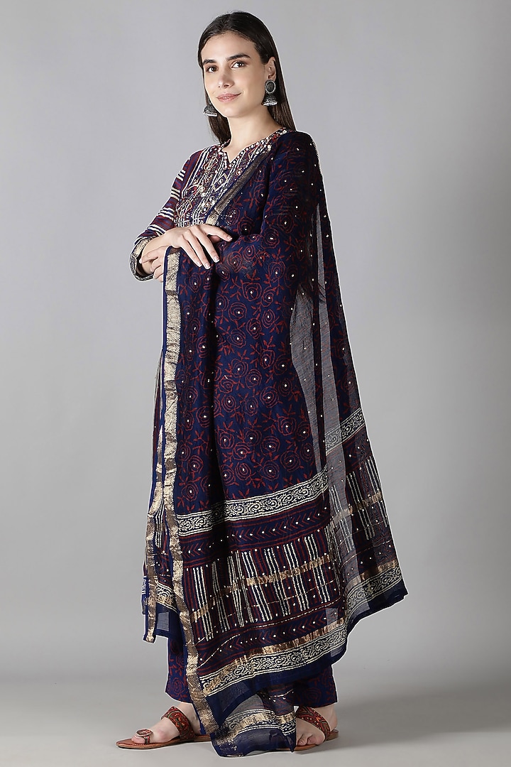Magenta Blue Silk & Cotton Striped Printed Kurta Set by Sheeshakari at Pernia's Pop Up Shop