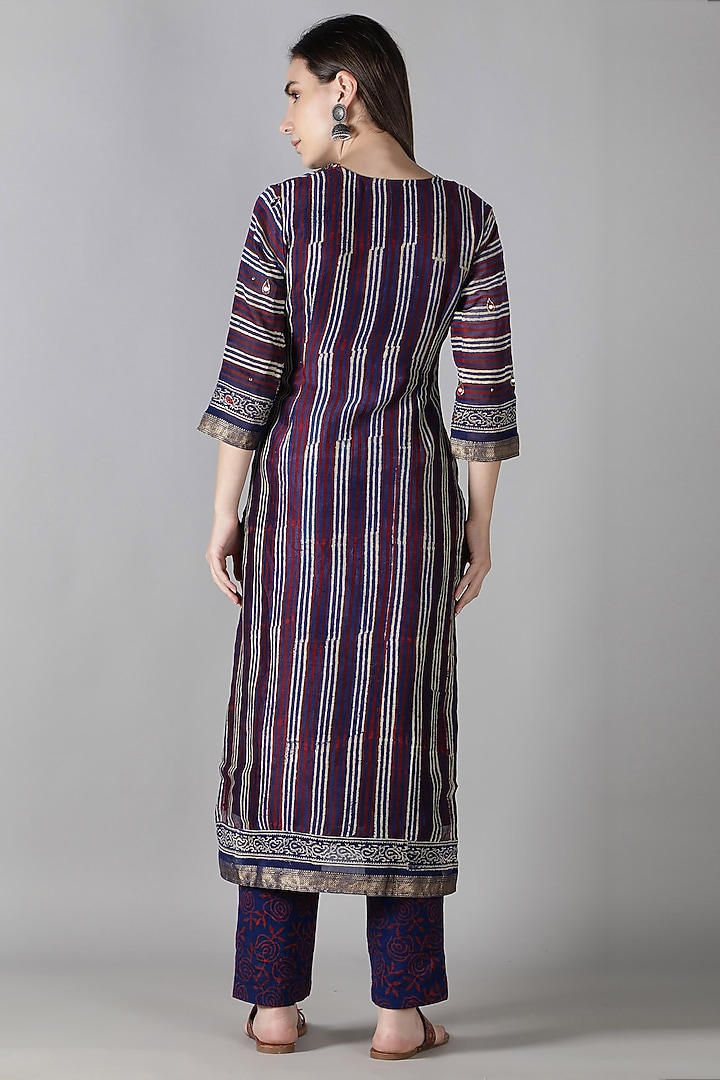 Magenta Blue Silk & Cotton Striped Printed Kurta Set by Sheeshakari at Pernia's Pop Up Shop