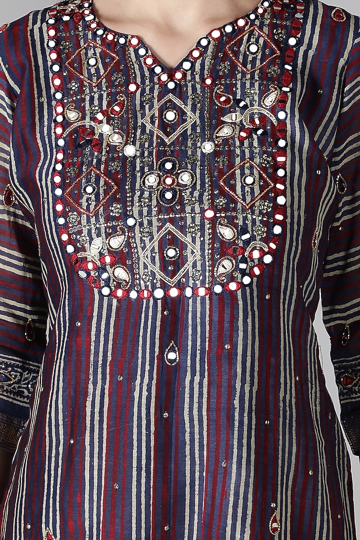 Magenta Blue Silk & Cotton Striped Printed Kurta Set by Sheeshakari at Pernia's Pop Up Shop