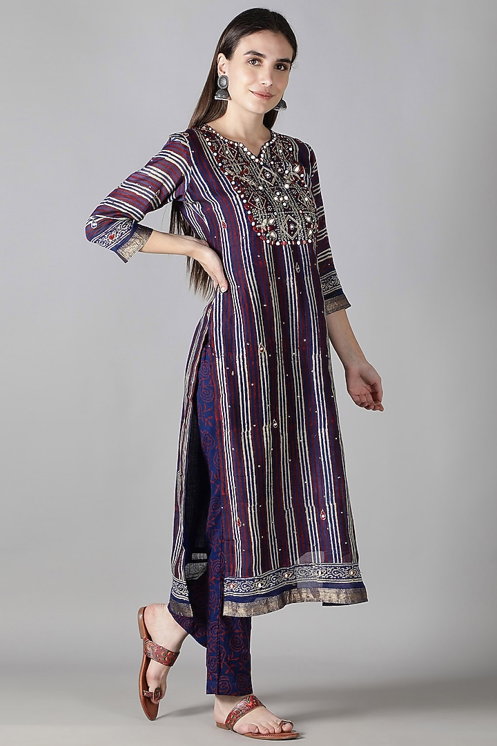 Magenta Blue Silk & Cotton Striped Printed Kurta Set by Sheeshakari at Pernia's Pop Up Shop