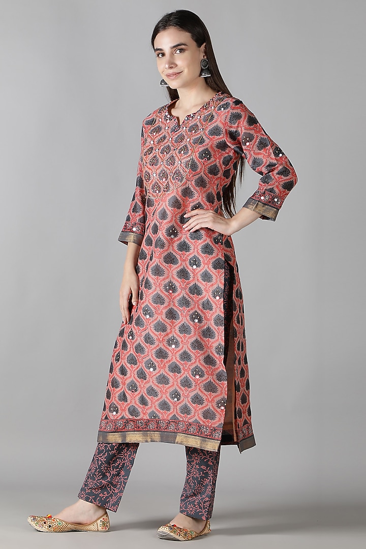 Coral Pink Silk & Cotton Printed Kurta Set by Sheeshakari at Pernia's Pop Up Shop